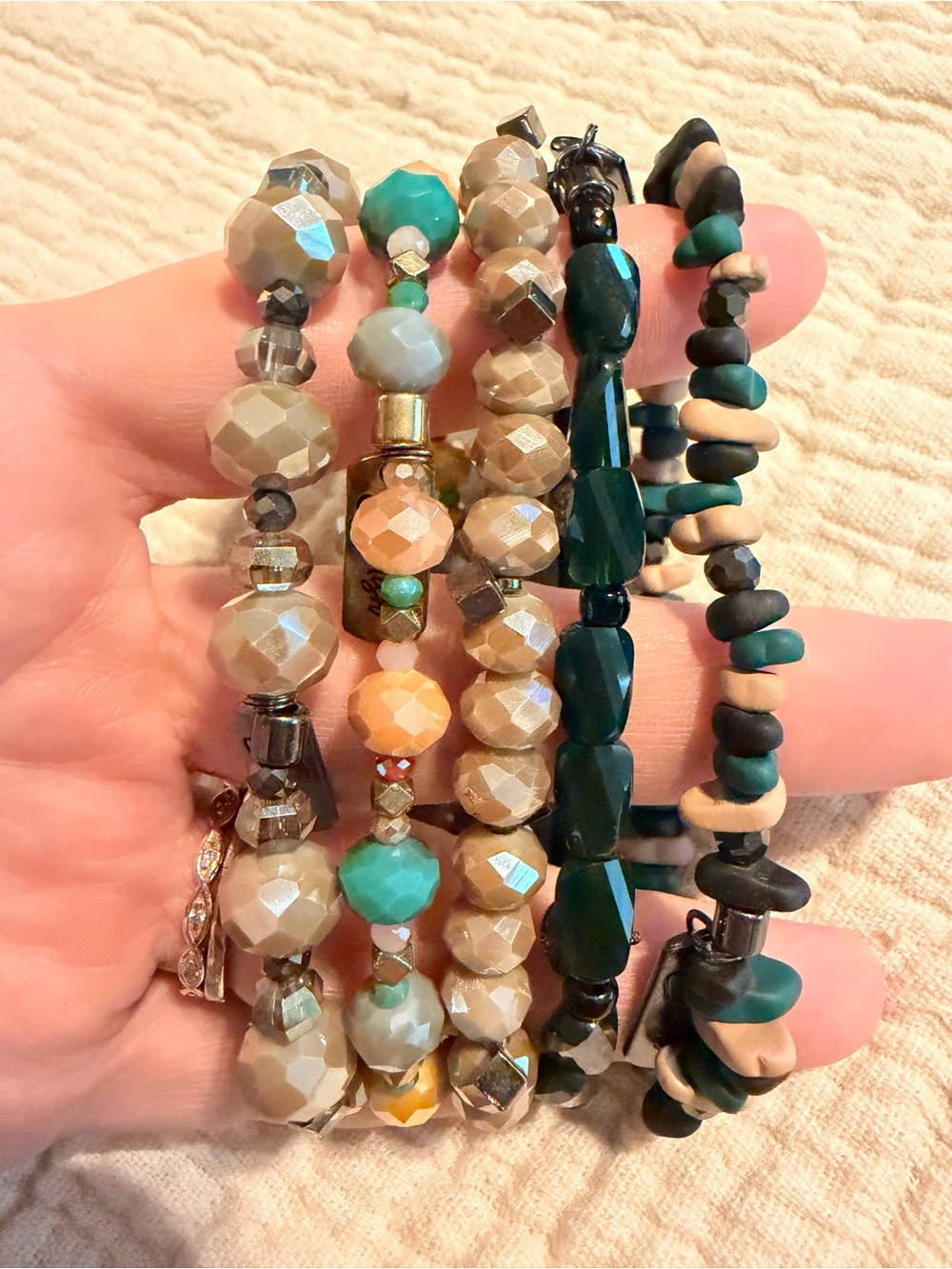 Ermish Extended SizeNeutral Taupe and Teal Beaded Stackable Women's Bracelet Set